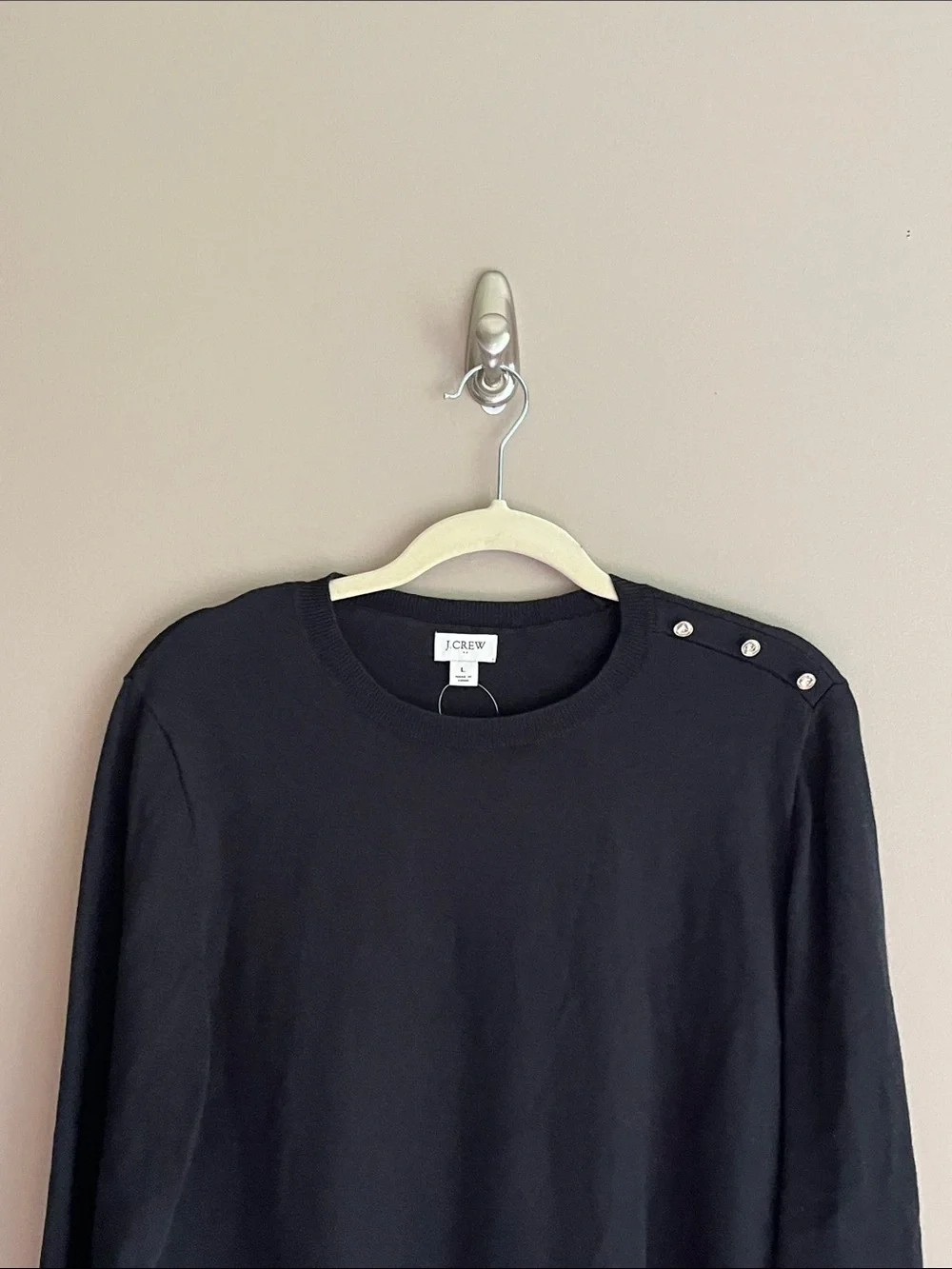 J Crew Ruffle Cuffs Rhinestone Accented Shoulder Black Crew Neck Sweater large